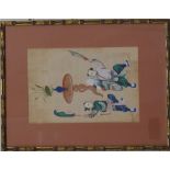 Pair of 19thC Chinese watercolours on rice paper of scholars and boys play fighting, 25 x 17cm