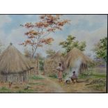 Diana Mallet Veale portrait miniature of two tribal ladies cooking, with huts beyond, signed lower