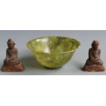 Chinese jadeite style bowl and two wooden figures