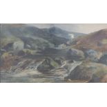 W.Muller 19thC watercolour river with hills beyond, indistinctly signed lower left, 30 x 53cm
