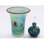 Mdina mottled glass vase with matt finish and red rim, 16.8cm tall together with a Mdina scent