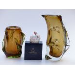 Two Murano style amber glass vases, largest 28.5cm tall, together with a Royal Crown Derby bunny, in