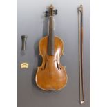 Late 19th/early 20thC unlabelled half size violin, with 32cm two piece back, complete with bow, in