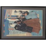 Three framed Japanese woodcuts including Samurai, Geisha girls etc, together with an unframed