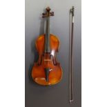 Late 19thC violin with unlabelled 36cm two piece flame back, unusual double purfling, carry case and