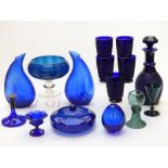 Fifteen pieces of mainly Bristol blue, hobnail decorated decanter with glasses etc