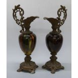 Pair of ceramic dummy ewers/ candlesticks with tiger's eye effect and metal mounts, H36cm