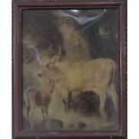 Crystoleum of cattle dated 1875 and an oil on canvas seascape, 14 x 22cm, in gilt frame