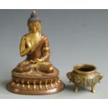 Eastern brass Buddha (H23cm) and a censer