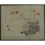 A 19hC / early 20thC Chinese watercolour of flowers and birds on silk with seal mark (46 x 54cm)
