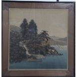 Pair of Japanese silk pictures, one depicting sailing boats with Mount Fuji beyond