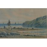 19th century or early 20th century watercolour coastal scene with boats beyond a headland with