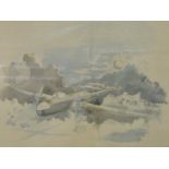 Paul Nash print of a WWII bomber aircraft Moonlight Voyage, Hampden flying above the clouds, 40 x