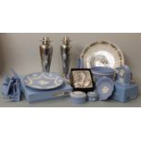 Large collection of Wedgwood Jasperware, some boxed including calendar plates, pair of plated