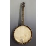 c1920s tenor banjo with fruitwood back, mother of pearl inlay to neck, inlaid bounding, nickel