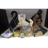 Retro/kitsch pottery items including Dartmouth Pottery swan jardiniere, pair of Indian Princess wall