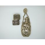 Chinese white metal snuff bottle on chain, with four character mark to base and clip with fish and