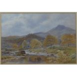 Harrison pair of Victorian watercolour landscapes, one a river with hills beyond, the other a man
