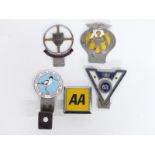 Five various car badges including RSPB, Jaguar Drivers' Club, AA etc