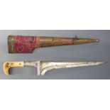 Late 19thC / early 20thC inlaid ivory handled North West frontier tribesman knife with 21cm blade,