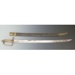 An 18thC war trophy: French Naval short sword with curved single edged blade and brass stirrup hilt,
