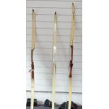 Three composite recurve archery bows including D.G Quick 28# @ 28", another 37lbs @ 28" etc