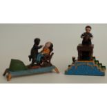 Two novelty cast metal mechanical money boxes Magician Bank and a Dentist removing a tooth
