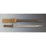 British Army bayonet with 43cm fullered blade, in scabbard with canvas frog.