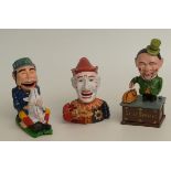 Three novelty cast metal mechanical money boxes comprising stump speaker, man with a pig and a