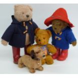 Four vintage teddy bears comprising two Paddington Bears and a Chiltern washable soft toy bear