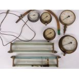 Four pressure gauges, temperature gauge and two steam engine gauge glass protectors