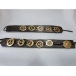 Two leather heavy horse collars with 19thC/20thC horse brasses, many with animal and bird