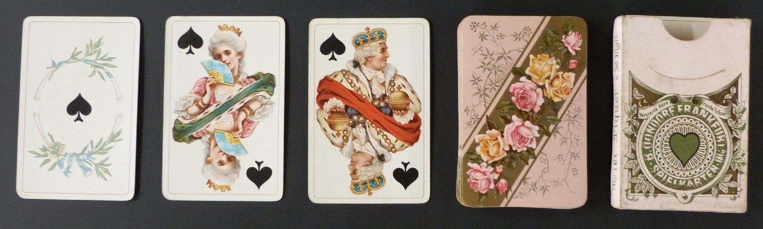 Dondorf, Frankfurt, Germany playing cards. Baroness Piquet no. 161. Backs with roses. 36 cards in