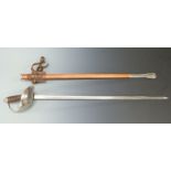 Replica 1912 pattern British cavalry sword in leather scabbard, blade length 90cm.
