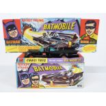 Corgi Toys diecast model Batmobile 1st type with no tow hook, black body, figures, bat logo hubs and