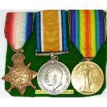 British Army WWI medals comprising the 1914 'Mons Star', War Medal and Victory Medal, named to