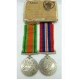 WWII medals comprising War Medal and Defence Medal, in original box awarded to Mrs Mabel Palmby,