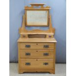 Art Nouveau satin walnut dressing chest with three graduated drawers and swing mirror. W93 x D55