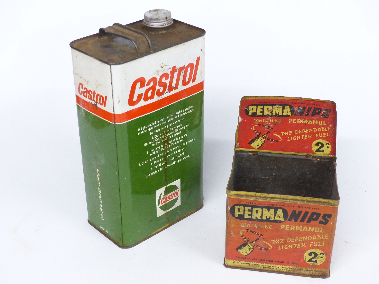 Castrol solvent flushing oil vintage 1 gallon can and a Permanips lighter fuel tin - Image 2 of 2