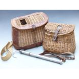 Two Hardy wicker fishing creels and a Hardy salmon gaff, the largest W42 x D23 x H28cm