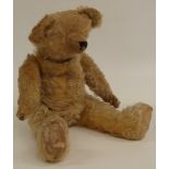 A vintage mohair teddy bear with shaved pointed snout, humped back, cocked feet and wrists,