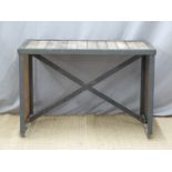 Industrial/ shopfitting/ haberdashery Superdry display stand/ table with oak plank top, hanging