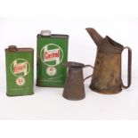 Two vintage garage oil cans and two Castrol oil cans, one XL motor oil the other ST 90 gear oil