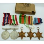WWII British medals comprising 1939/45 Star, Africa Star, Italy Star, Defence Medal and War Medal,