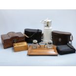 Oak desk standish, camphorwood cigar box, Admiralty Oldham lamp, binoculars x 3 etc