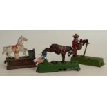 Three novelty cast metal mechanical money boxes Trick Pony, Always Dispyse A Mule and Monkey Bank
