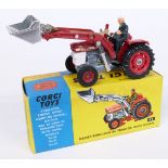 Corgi Toys diecast model Massey-Ferguson '165' Tractor With Shovel with red body and hubs, silver