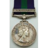 British Army General Service Medal with clasp for Malaya, named to 22583098 DVR P R J Stuart RASC