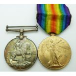 British Army WWI medals, comprising War Medal and Victory Medal, named to 27026 Private J H Haldren,