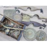Three wooden Yokes, brass horse names, trivets, brass chargers etc
